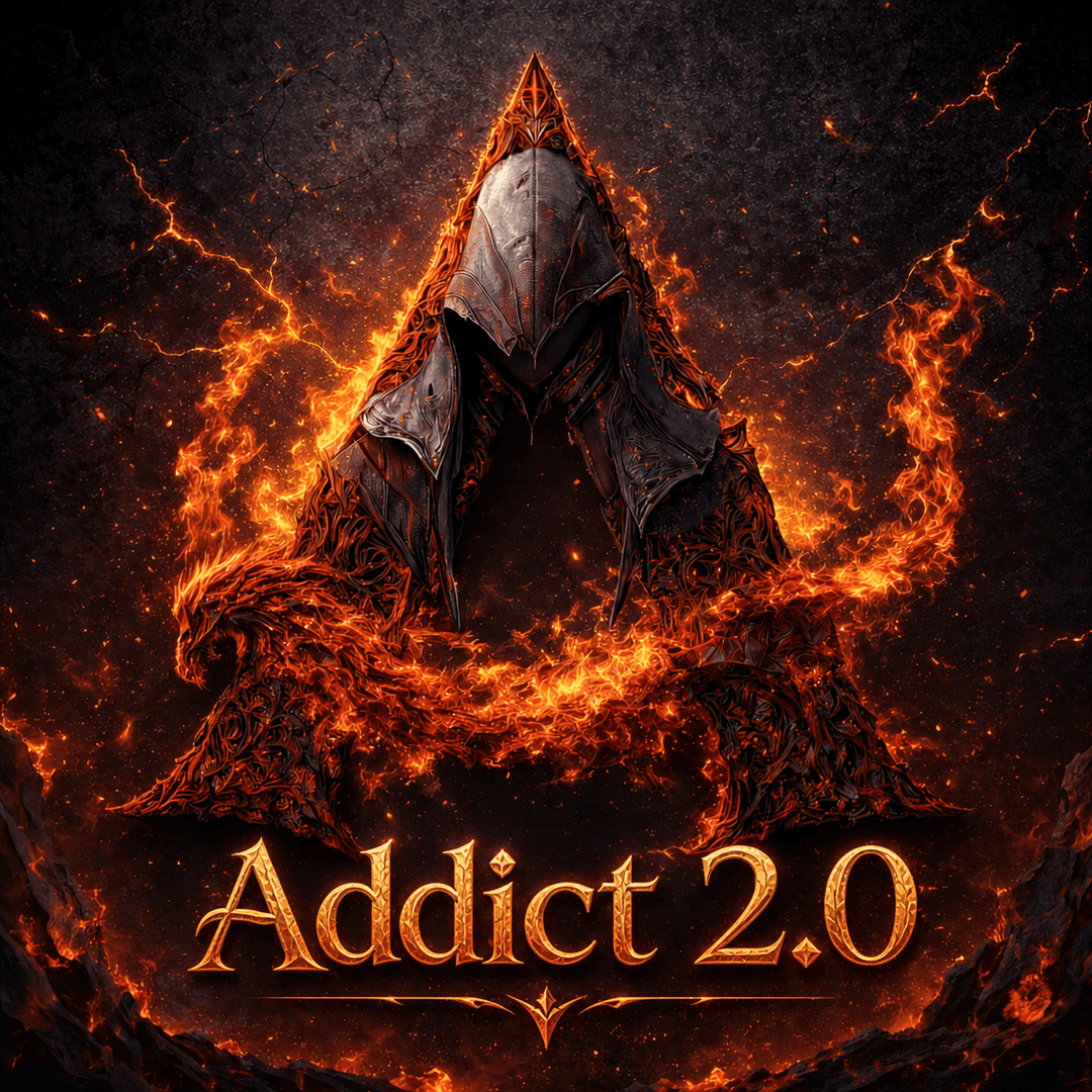 Le brûlot — sigil Addict 2.0, figure encapuchonnée et arc de lave incandescente